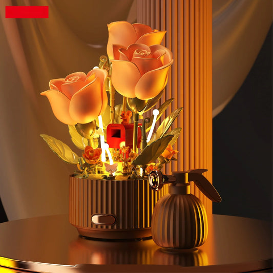 Dynamic Interactive Building Block Flowers Night Light Home Decor, 255 PCS DIY Magic Watering Can Mechanical Blooming Roses Garden Sets with LED Lights & Sound, Remote Control Automatic Bloom