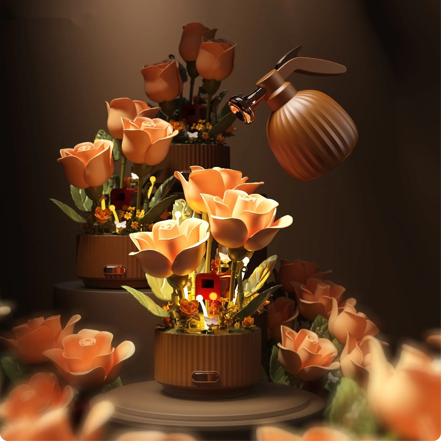 Dynamic Interactive Building Block Flowers Night Light Home Decor, 255 PCS DIY Magic Watering Can Mechanical Blooming Roses Garden Sets with LED Lights & Sound, Remote Control Automatic Bloom